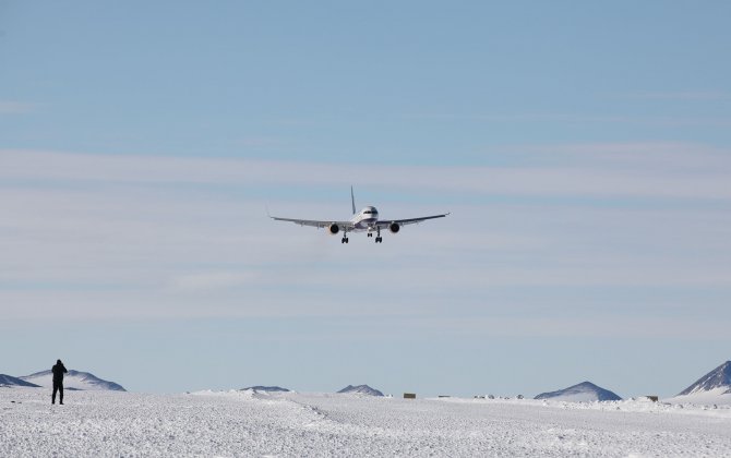 First Boeing 757 airliner landing on blue-ice runway in Antarctica