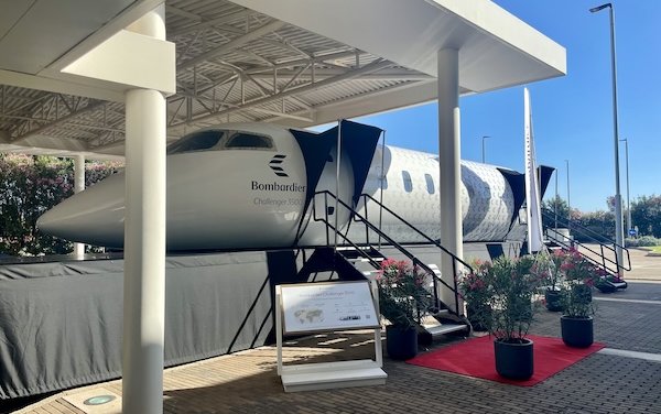 Bombardier positions Challenger 3500 business jet mockup at the Costa Smeralda Airport in Olbia, Italy for customer viewing throughout the summer