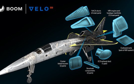 Boom Supersonic XB-1 aircraft with VELO3D flight hardware components 