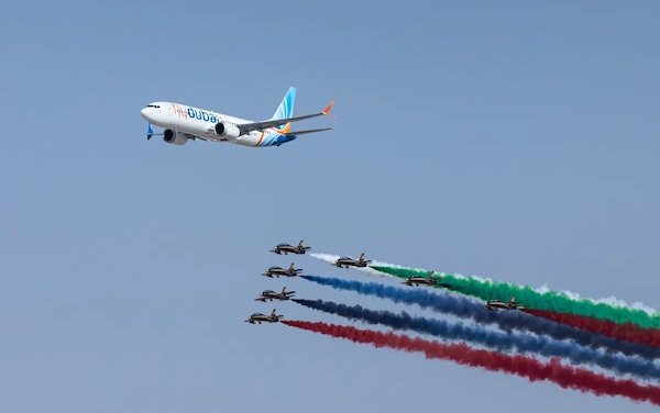 flydubai took part in a special formation flight at the Dubai Airshow